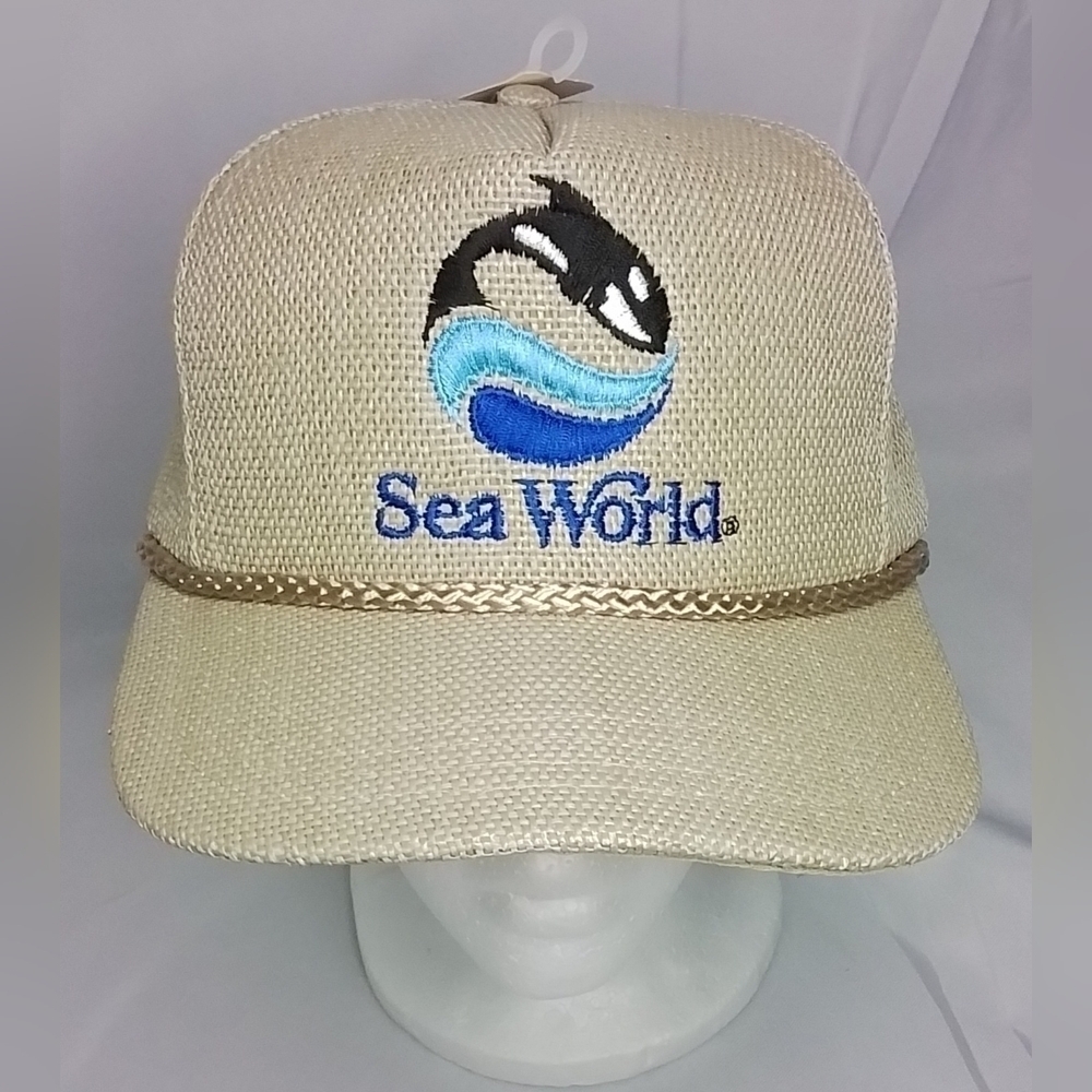 Nwt Sea World SHAMU Burlap Adjustable Snap Back Baseball Cap Hat Vintage 1980's